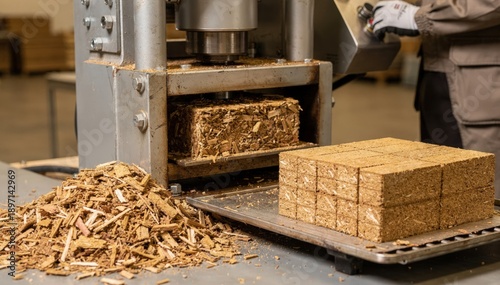 Medium shot of briquette shaping process highlighting the compacting of wood chips into fuel blocks ideal for woodburning stoves.