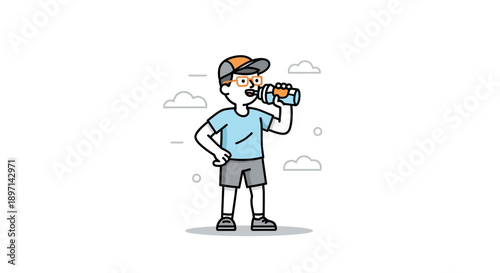 Young Boy in Casual Sportswear Drinking Water Outdoors on a Sunny Day in a Minimalist Cartoon Style