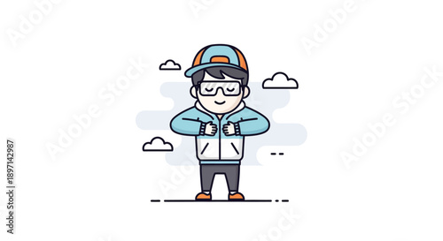 Casual outdoor scene featuring a cheerful young person wearing glasses and a colorful cap enjoying a sunny day amidst clouds