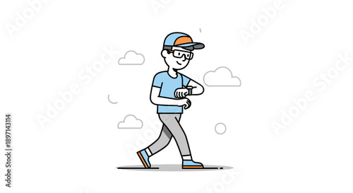 Casual young man walking outdoors checking smartwatch in a minimalistic cartoon style with clouds in the background representing