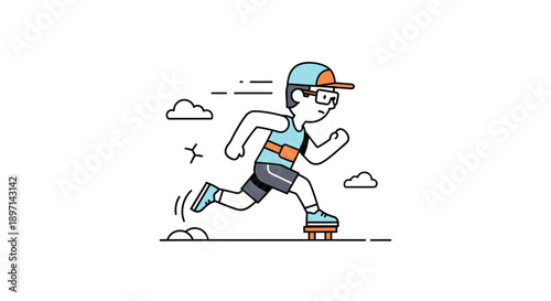 Dynamic illustration of a young boy roller skating outdoors during daytime with playful clouds and motion lines highlighting