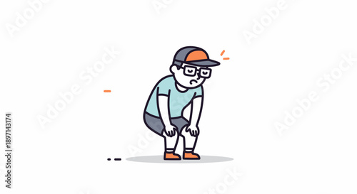 Young boy in casual attire crouching with a worried expression and wearing glasses in a simple cartoon style emphasizing his