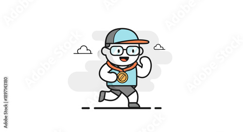 Adorable cartoon child runner wearing a sports cap glasses and medal enjoying outdoor activity for health and fitness in a fun
