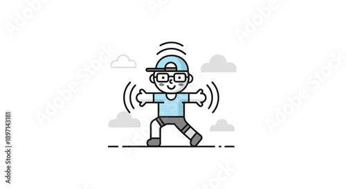 Playful robot character with waving arms and digital waves in a minimalistic cartoon style capturing technology and fun for