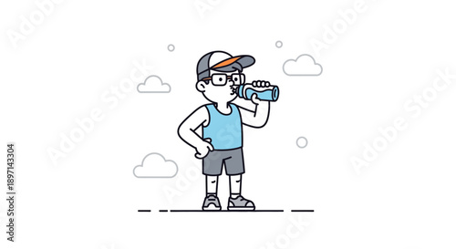 Cartoon Boy Exploring with Binoculars During an Outdoor Adventure in the Sky