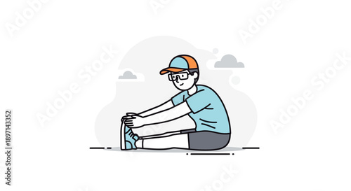 Young boy stretching and tying shoelace outdoors on a bright day for active lifestyle and playful outdoor activity capturing