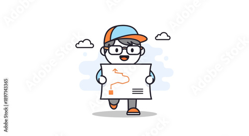 Child Explorer Holding Map Sky Background with Clouds and Trail in Cartoon Style