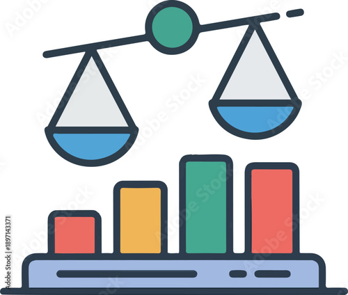 Colorful cartoon illustration of scales and business chart analysis tool