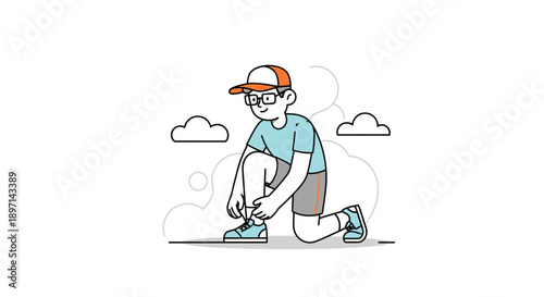 Young boy wearing casual clothes and baseball cap tying his shoelace outdoors with clouds in the background