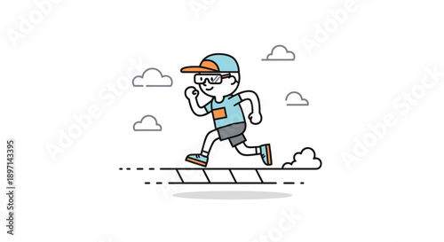 Young boy running outdoors with casual sporty attire and glasses on a bright day with clouds