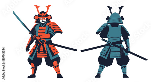 Illustration of samurai warriors in traditional armor with swords.