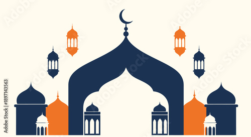 Islamic mosque entrance with crescent moon and lanterns illustration.