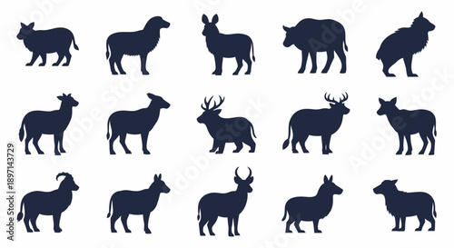 Collection of various animal silhouettes in dark blue against a white background.