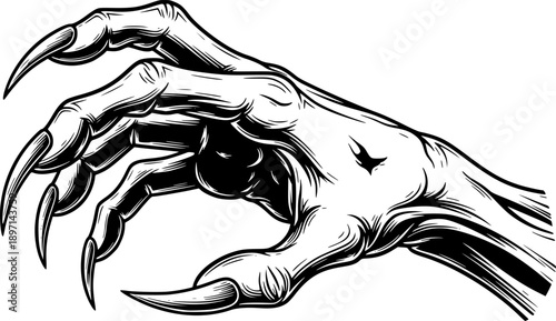 Creepy zombie hand silhouette with skeletal fingers for Halloween horror and eerie undead monster theme – Black and White Vector Illustration