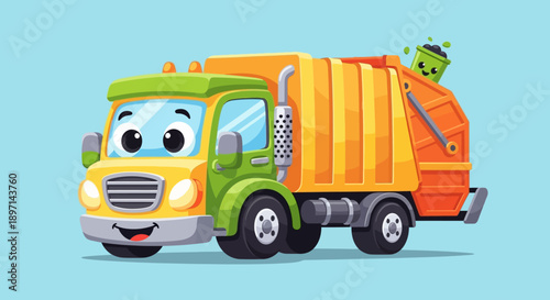 Cartoon garbage truck with smiling face and green robot.