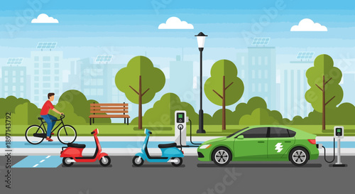 Electric vehicles charging in a modern urban park setting.