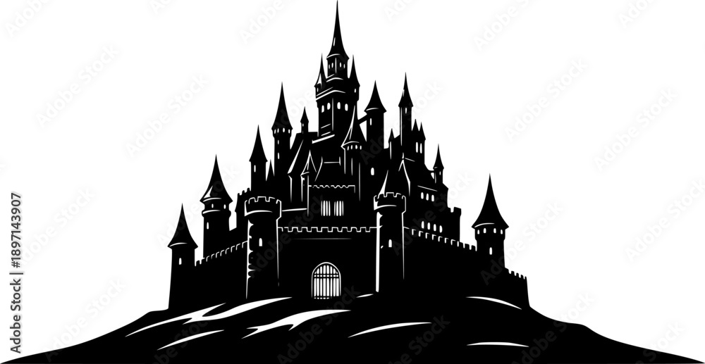 Naklejka premium Medieval castle silhouette with majestic towers and fortress architecture for fantasy fairy tale and historic landmark design – Black and White Vector Illustration
