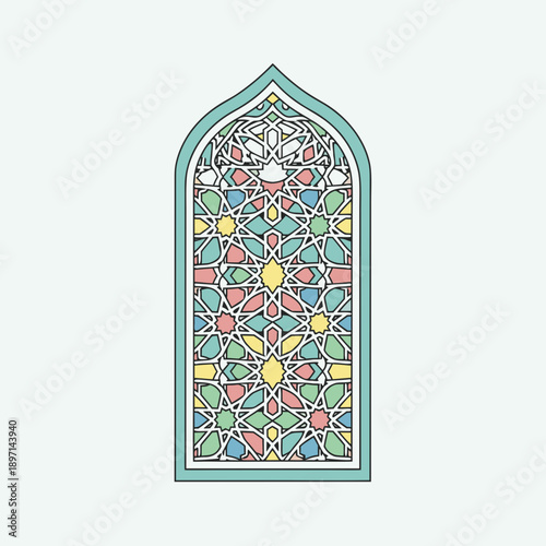 Traditional Arabic geometric pattern illustration in a window frame shape. Colorful mosaic design for Ramadan Kareem, Eid Mubarak, and Islamic religious celebration decorations.