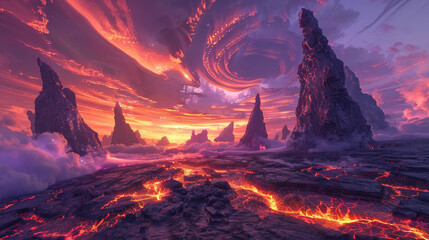 Leinwandbilder Purpur A dramatic and surreal alien landscape at sunset, featuring towering jagged rock formations and glowing molten rivers under a vibrant, swirling sky filled with purple and orange hues.  © Nashihal