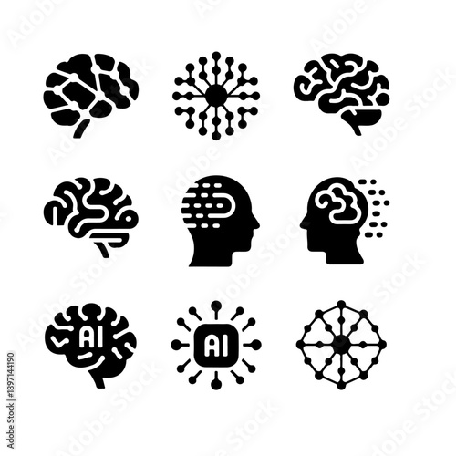 Brain Icons Set: A comprehensive collection of brain-themed icons, representing diverse aspects of intelligence and thought, perfect for design and educational uses.