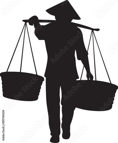Traditional Asian Farmer with Shoulder Yoke Vector Icon Minimalist Vietnamese Worker Silhouette for Agriculture Branding Rural Logo and Cultural Graphics