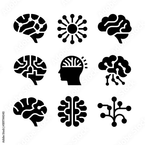 Brain Icons: A collection of stylized brain icons representing intelligence, thought, and cognitive processes, offering a visual representation of human intellect.