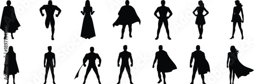 Diverse black silhouette figures of superheroes and women in dresses arranged in a grid on a white background