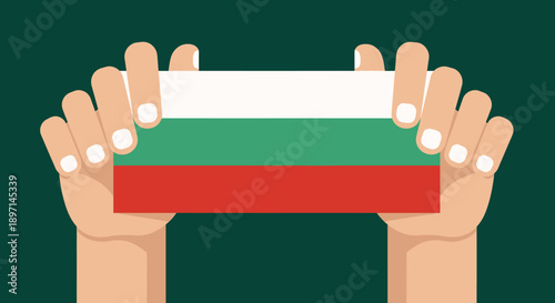 Hands holding a rectangular Bulgarian flag against a dark green background from a front viewpoint