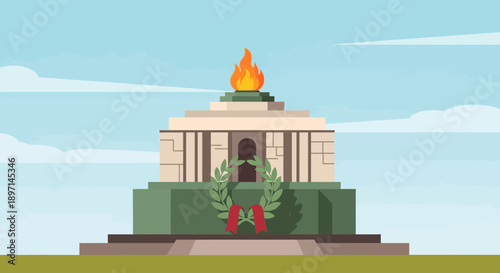 Illustration of a monument with eternal flame and laurel wreath on a blue sky background