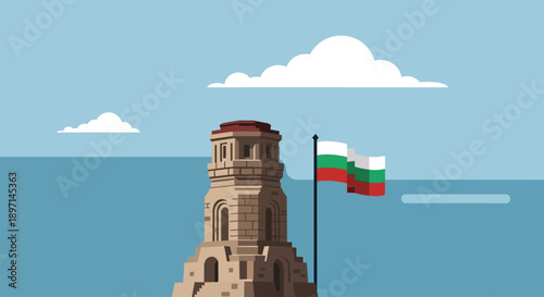 Tower standing alone in the vast ocean with a waving flag, vector illustration of a monument