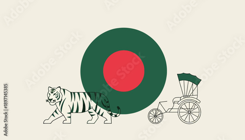Traditional rickshaw pulled beside walking tiger under circular symbol, cultural illustration, side view