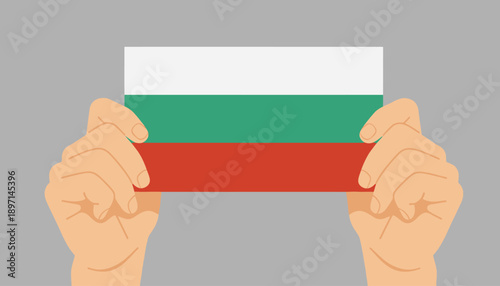 Illustration of two hands proudly displaying the national flag of Bulgaria, symbolizing patriotism and national identity.