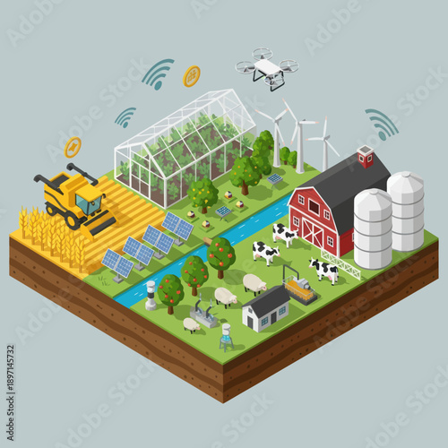 Isometric Farm Scene with Modern Technology.