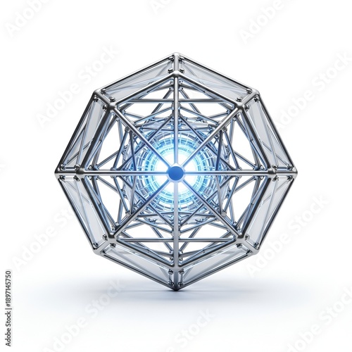 Geometric 3D model of a complex polyhedron with intricate metal framework and blue glowing center, showcasing technology and design