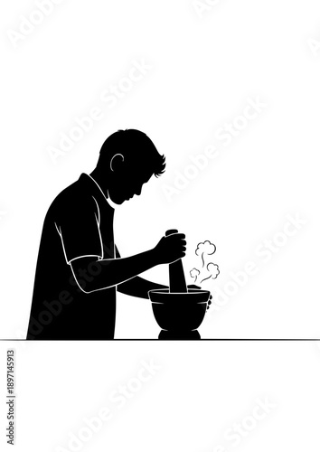 Traditional Cooking Spice Grinding Silhouette Person with Mortar and Pestle Vector Illustration