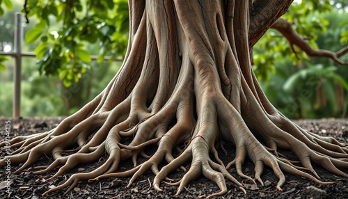 Sturdy tree roots intertwining, symbolizing growth, deep connection, and enduring legacy across generations Natural family concept ,  dependent,  bond