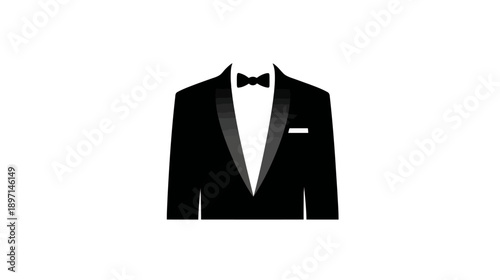 Elegant Black Tuxedo Jacket Icon with Bow Tie and Pocket Square. Sophisticated Men's Formal Wear for Special Occasions.