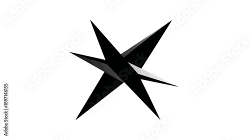 Abstract 3D geometric star shape in black, modern minimalist design, sharp angular facets on a white background, digital art element