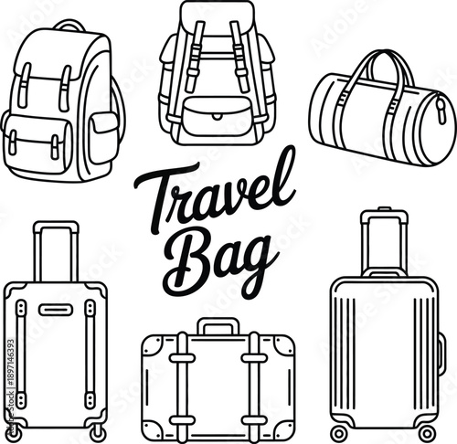 Collection of diverse travel bags and luggage in sleek outline style perfect for your next adventure