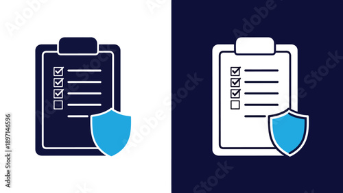 Checklist with security shield - Line and glyph solid icon and logo template - Vector icon symbol for website - Icon vector - Blue icon vector. Clipart. Icon