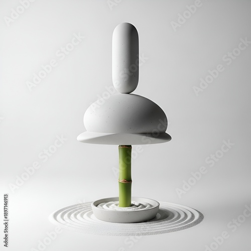 A serene 3D illustration of a minimalist mushroom sculpture with bamboo stem, surrounded by ripples in water, viewed from a slightly elevated perspective
