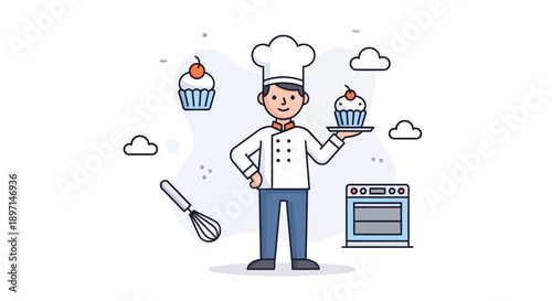 Playful cartoon chef preparing delicious baked goods with cupcakes and a cozy kitchen scene