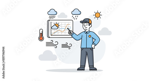 Weather forecasting and climate analysis illustration with a male meteorologist pointing at a digital weather chart on a cloudy