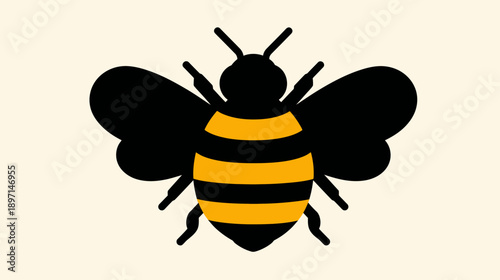 Cute Flat Design Bee Illustration. Minimalist Black and Yellow Striped Insect Vector Art, Simple Honeybee Symbol or Icon on Light Background.