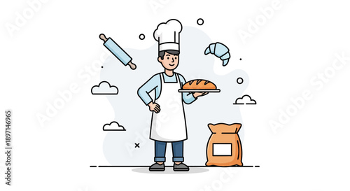 Cartoon chef preparing dough with baking ingredients and kitchen tools in a playful culinary illustration