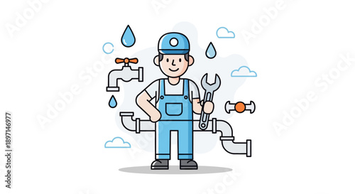 Illustration of a plumber fixing water pipes with tools under rainy weather in a cheerful cartoon style with minimalistic clouds