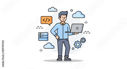 Illustration of a confident programmer working on a laptop surrounded by coding and technology icons representing software