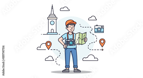Young traveler exploring city landmarks with a camera and map in hand capturing urban adventures and sightseeing experiences