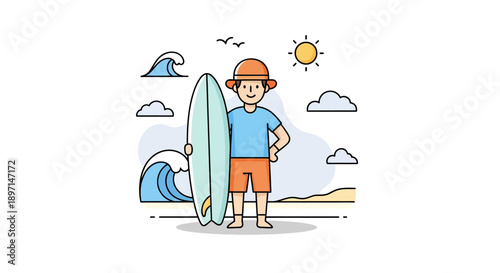 Casual boy with surfboard at the beach enjoying sunny weather and ocean waves scenic illustration
