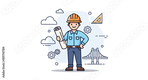 illustration of a construction engineer holding blueprints with a bridge in the background and engineering tools illustrating